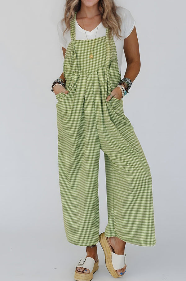 Gingham Wide Leg Loose Overall with Pockets