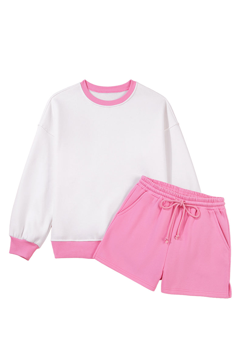 Color Block Pullover and Lace-up Elastic Waist Shorts Set