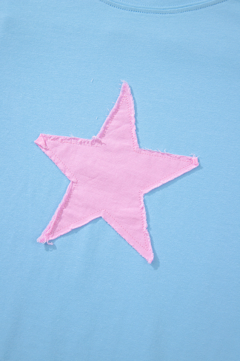Frayed Denim Star Patched Oversize T Shirt