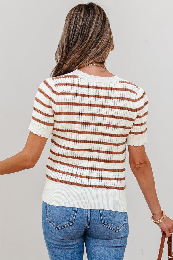 Stripe Scalloped Round Neck Short Sleeve Sweater