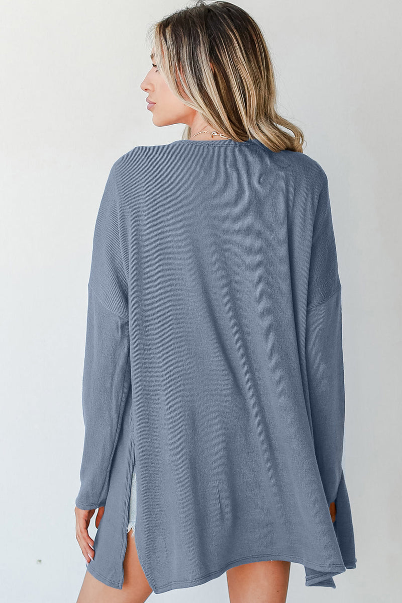 Solid Color Rib Knit Open Front Tunic Cardigan