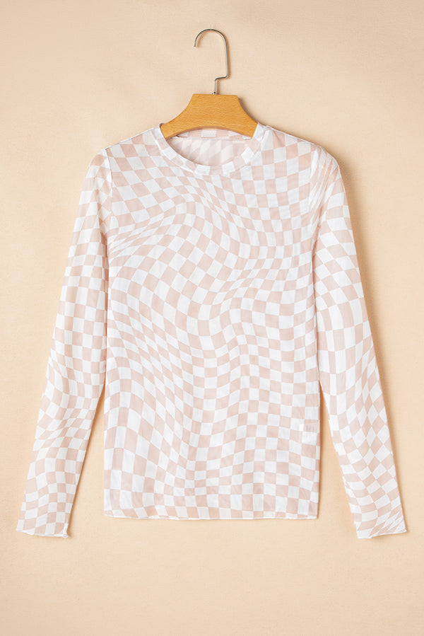 Checkered Pattern Mesh Mock Neck Long Sleeve Top