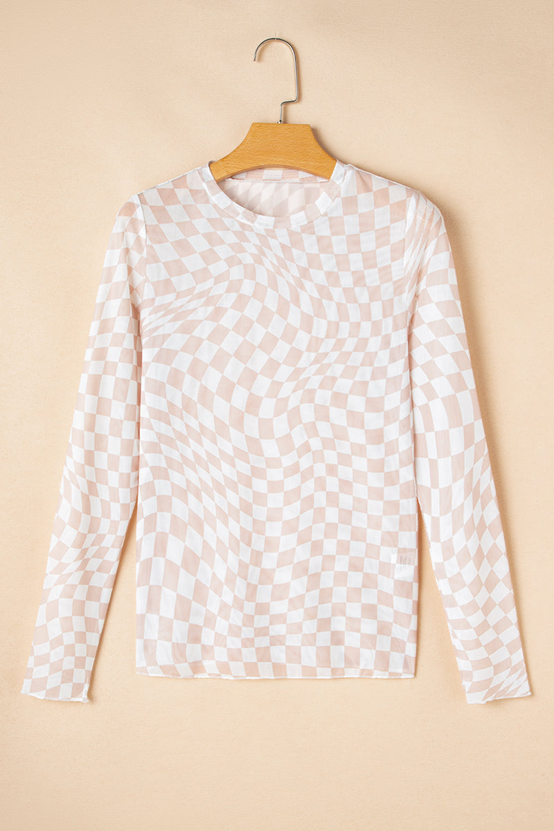 Checkered Pattern Mesh Mock Neck Long Sleeve Top