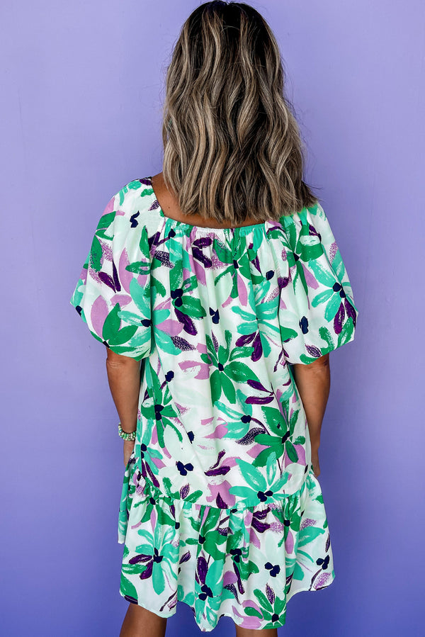 Floral Print Shirred Square Neck Loose Fit Mini Dress