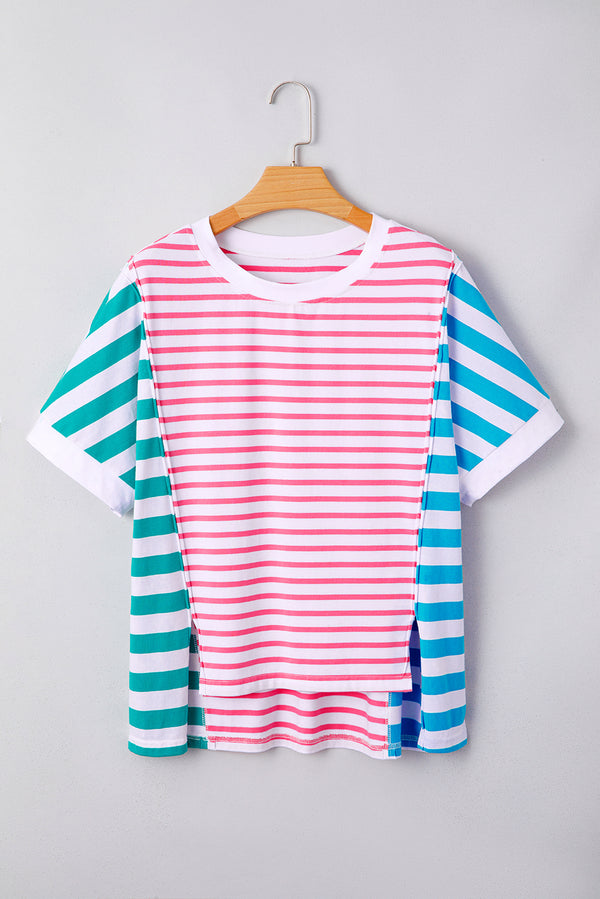 Stripe Mixed Pattern Patchwork Uneven Hem Loose Tee