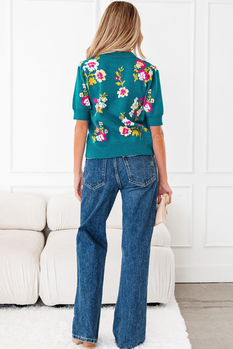 Teal Flower Pattern Mock Neck Short Sleeve Knitted T Shirt