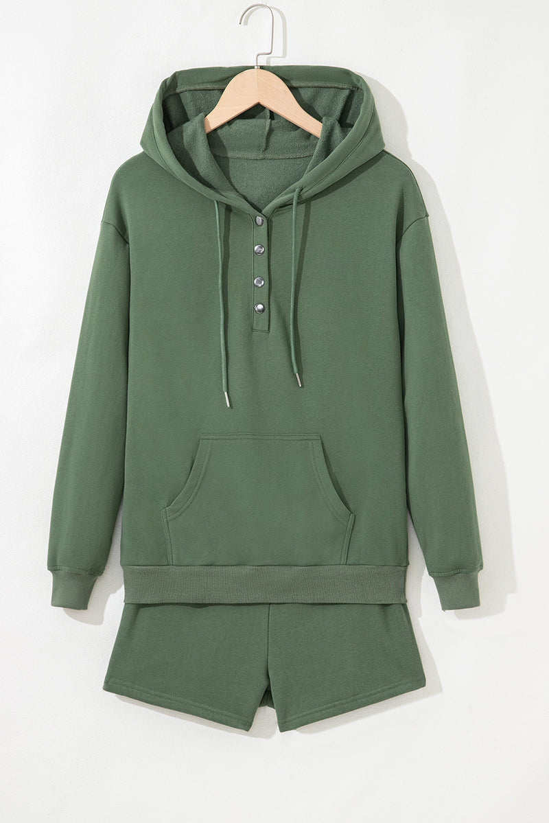 Solid Button Drawstring Hooded Pullover and Casual Short Set