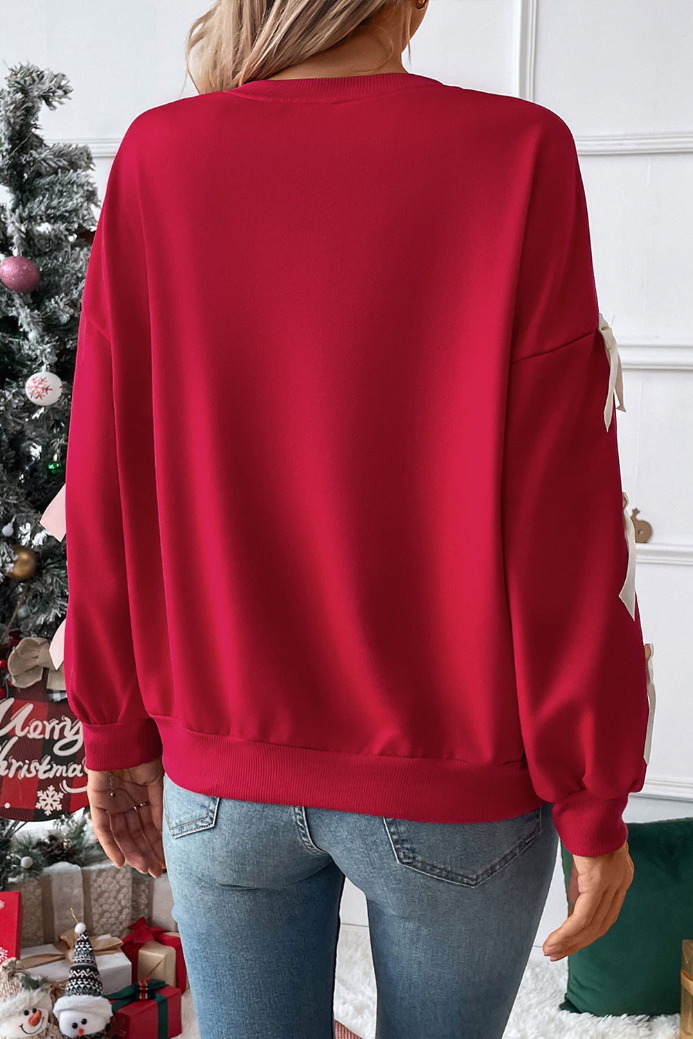 Contrast Bow Decor Dropped Sleeve Crewneck Sweatshirt