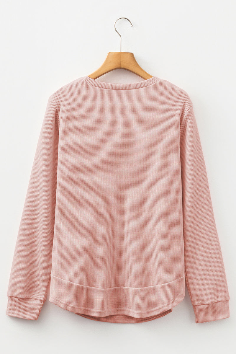 Pink Rounded Hem Waffle Long Sleeve Top