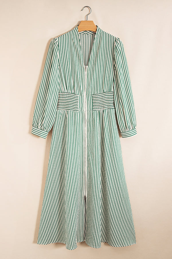 Stripe V Neck Zip Front Cinched High Waist Midi Dress
