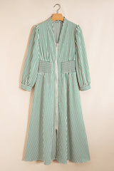 Stripe V Neck Zip Front Cinched High Waist Midi Dress