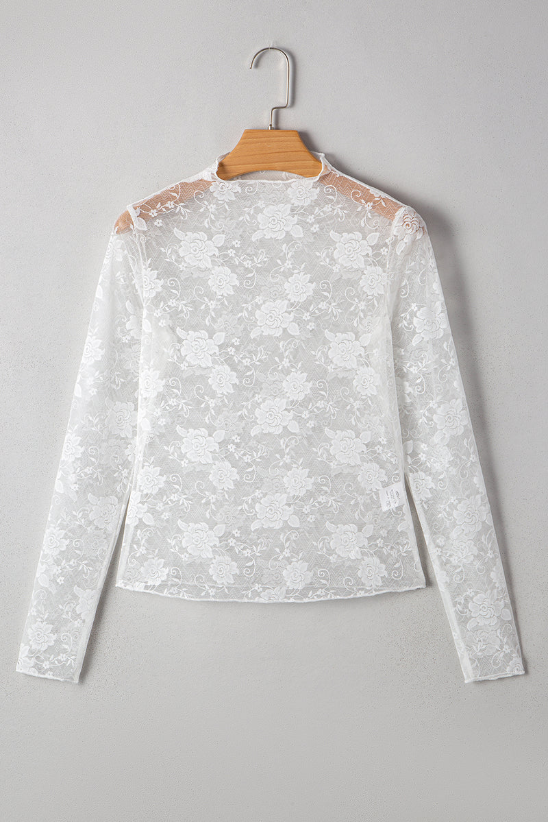 Sheer Floral Lace Mesh Mock Neck Long Sleeve Top