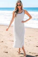 Stripe Criss Cross Side Slits Slim Fit Sleeveless Midi Dress