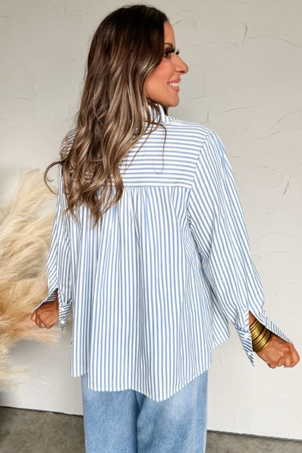 Stripe Shirred Detail Half Placket Collared Long Sleeve Fall Shirt