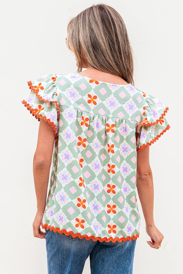 Geometric Floral Print Layered Flutter Sleeve V Neck Ric Rac Trim Blouse