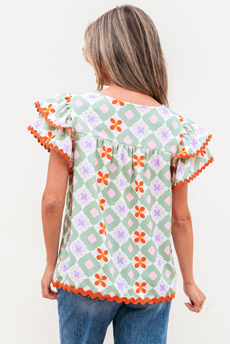 Geometric Floral Print Layered Flutter Sleeve V Neck Ric Rac Trim Blouse