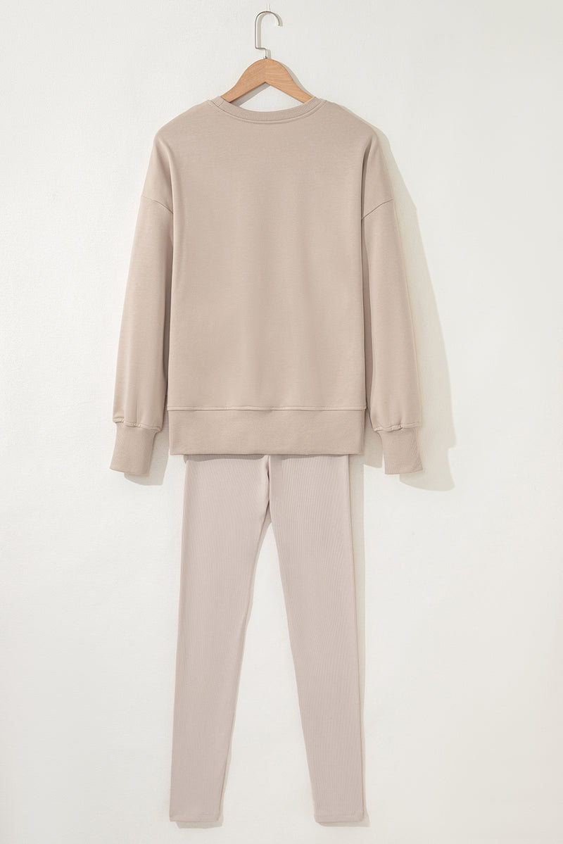 Beige Solid Color Oversize Slit Sweatshirt Ribbed Leggings 2pcs Set