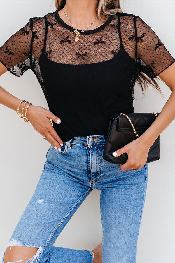 Bow Knot Dotted See-through Mesh Patched Slim Fit Blouse