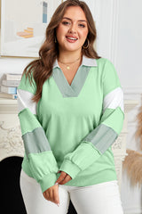 Light Green Color Block Striped Patchwork Collar V Neck Plus Size Sweatshirt