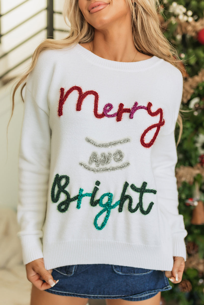Solid Tinsel Merry and Bright Graphic Christmas Sweater