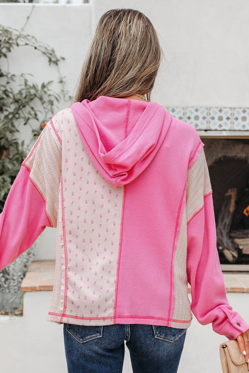 Mixed Texture Waffle Floral Patchwork Hooded Oversize Pullover