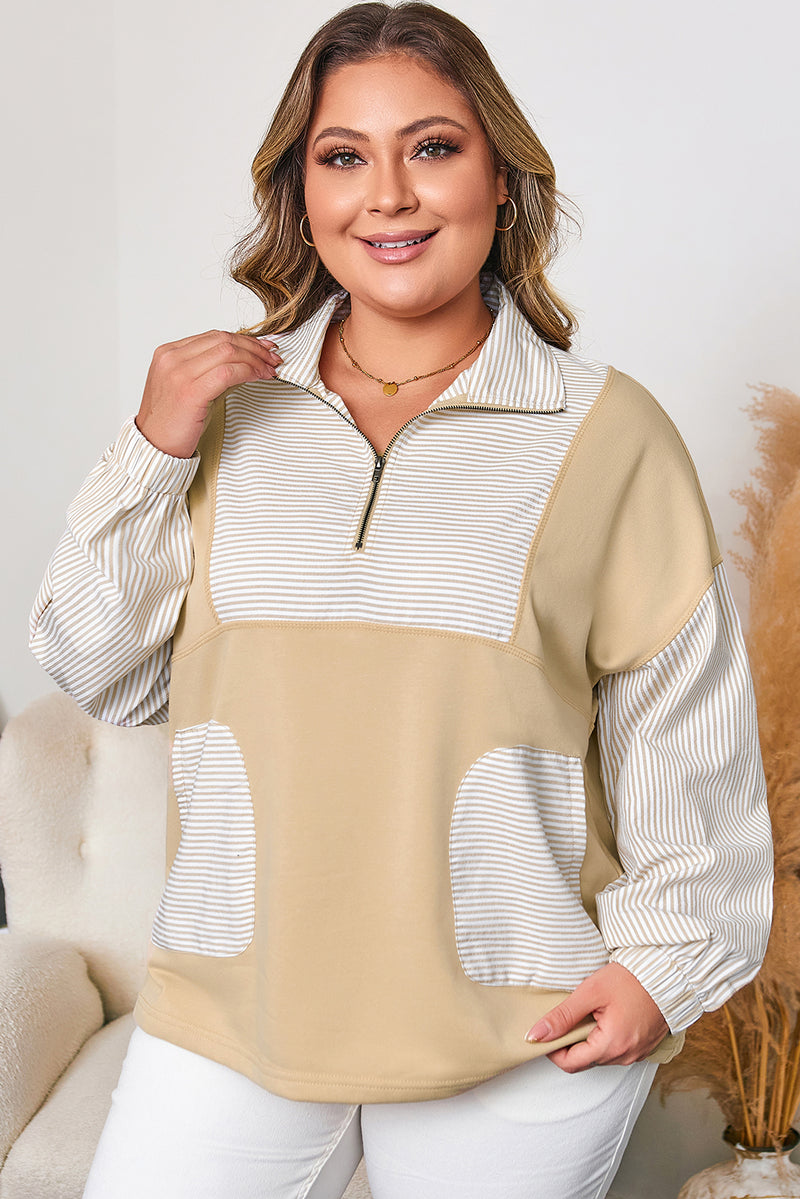 Stripe Mix Half Zip French Terry Plus Size Sweatshirt