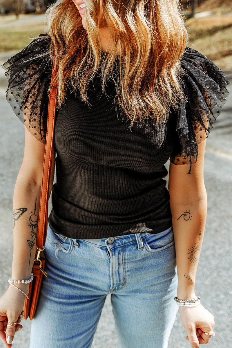 Dotty Mesh Ruffle Sleeve Ribbed Knit Blouse