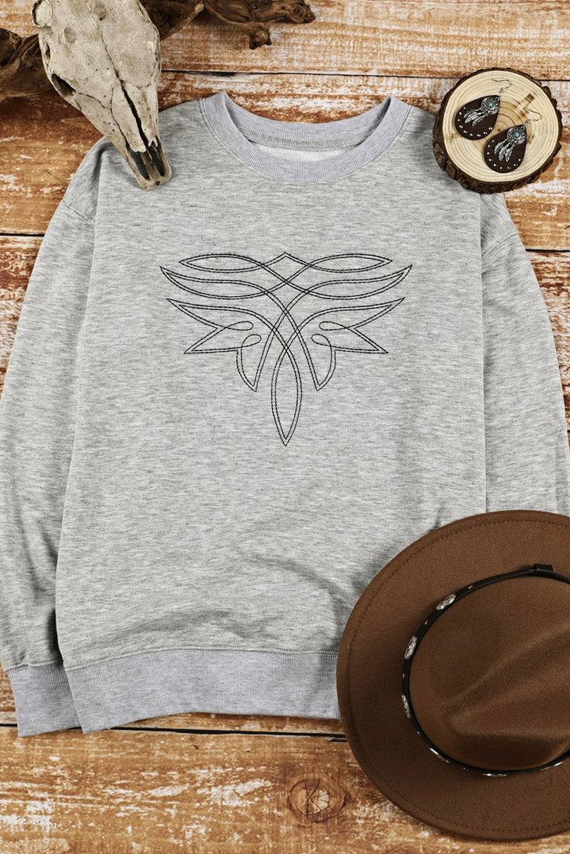 Western Pattern Embroidered Drop Shoulder Pullover Top