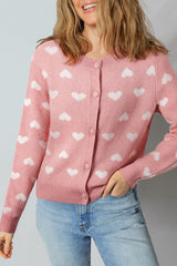 Pink Heart Pattern Button Front Cardigan Sweater