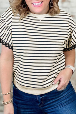 Stripe Eyelet Trimmed Ruffled Short Sleeve Plus Size Top