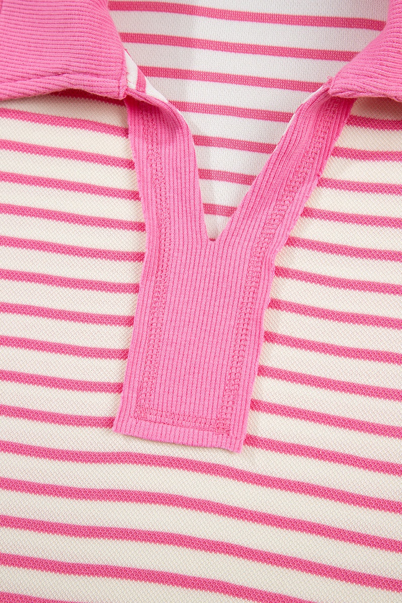 Stripe Collared V Neck Drop Shoulder Pullover and Skort 2pcs Outfit