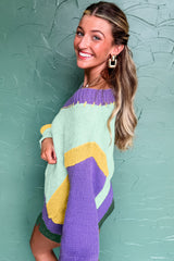 Stitched V Neck Color Block Knitted Drop Shoulder Sweater