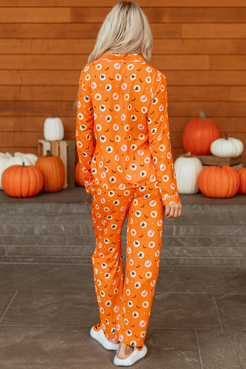 Halloween Print Lapel Shirt Long 2pcs Pajama Set