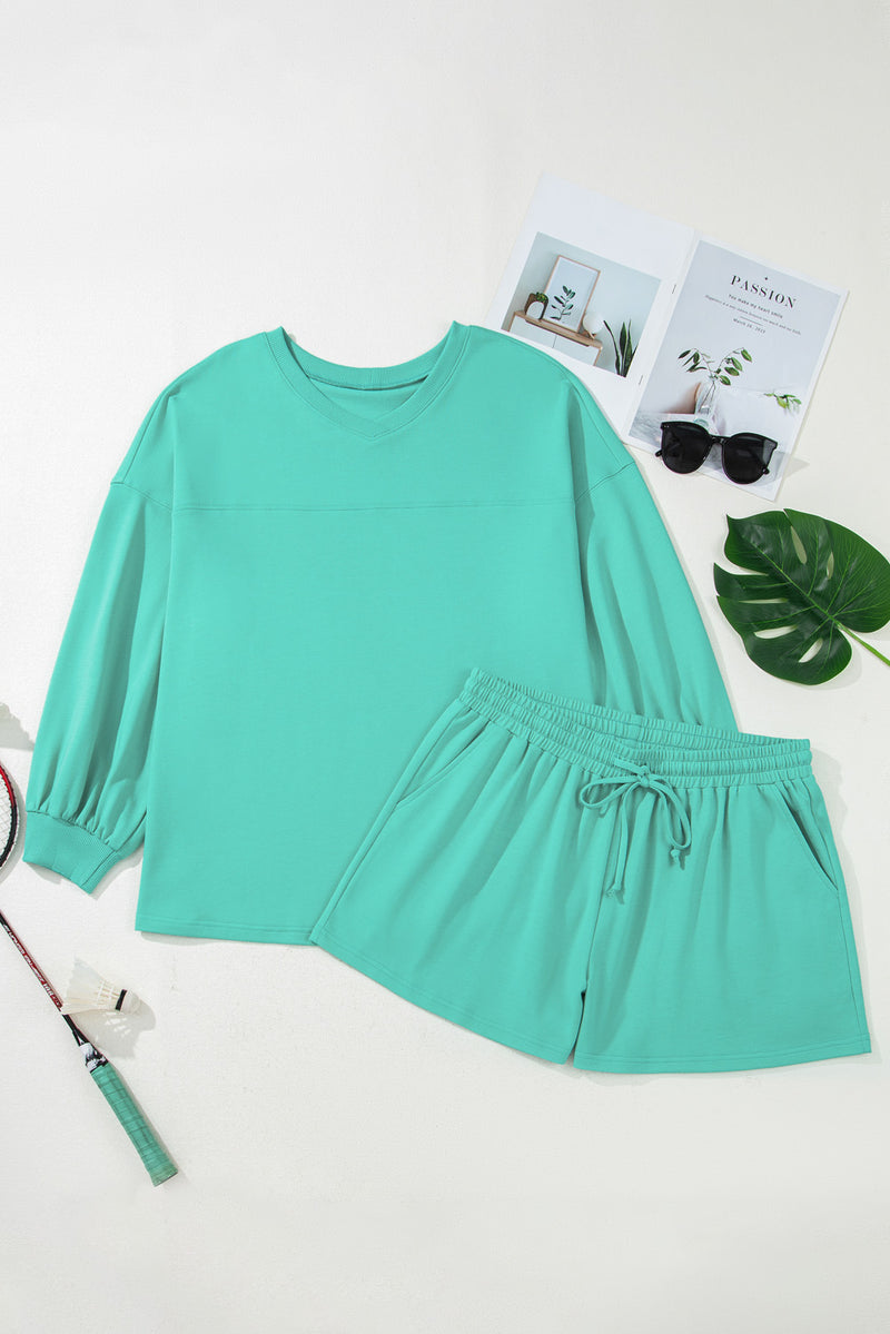 Drop Shoulder V Neck Pullover Top and Drawstring Short Plus Size Set