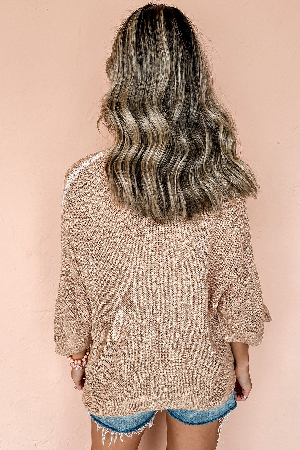 Light French Contrast Striped 3/4 Sleeve Crew Neck Sweater