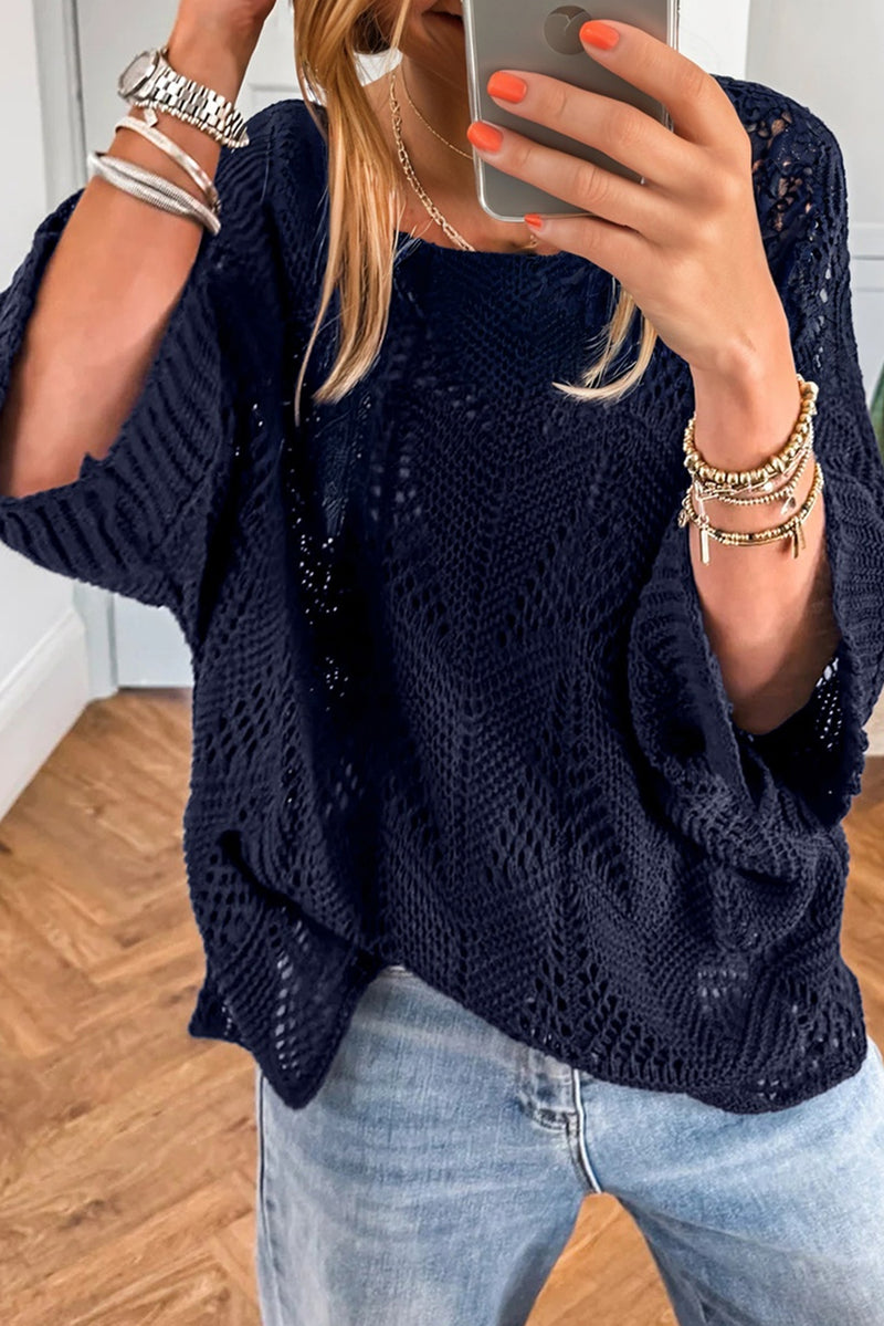 Hollow Out Knit 7/8 Sleeve Casual Sweater