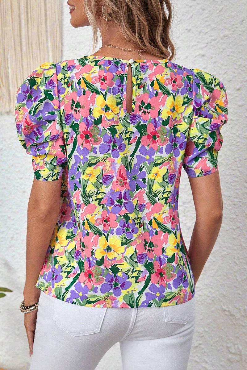 Floral Print Puff Short Sleeve Crew Neck Blouse