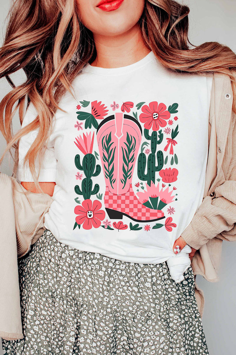 Western Boots Flower Print Round Neck T Shirt