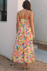 Abstract Print Spaghetti Strap Piping Detail Maxi Dress