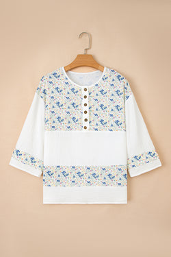 Floral Print Gauze Patchwork Henley Button 3/4 Sleeve Blouse
