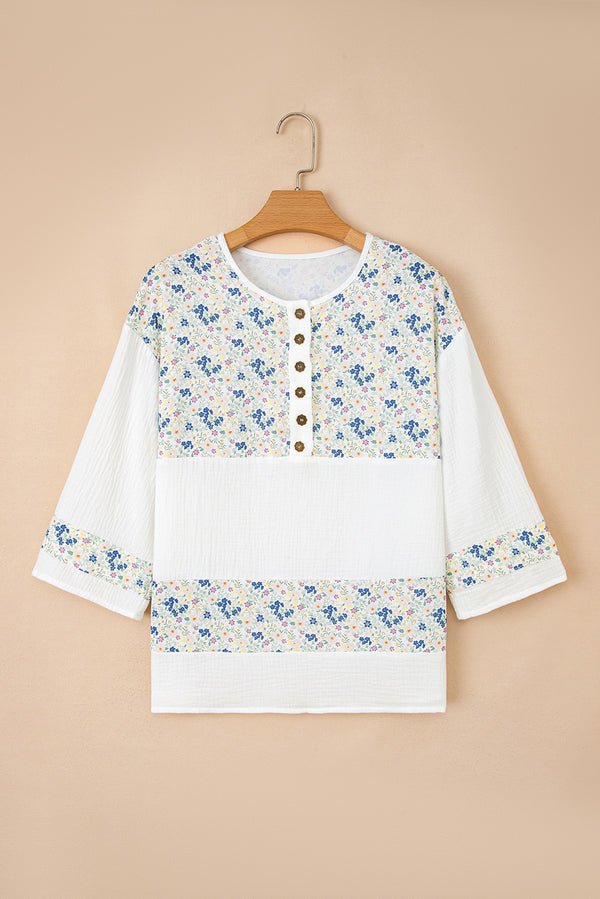 Floral Print Gauze Patchwork Henley Button 3/4 Sleeve Blouse