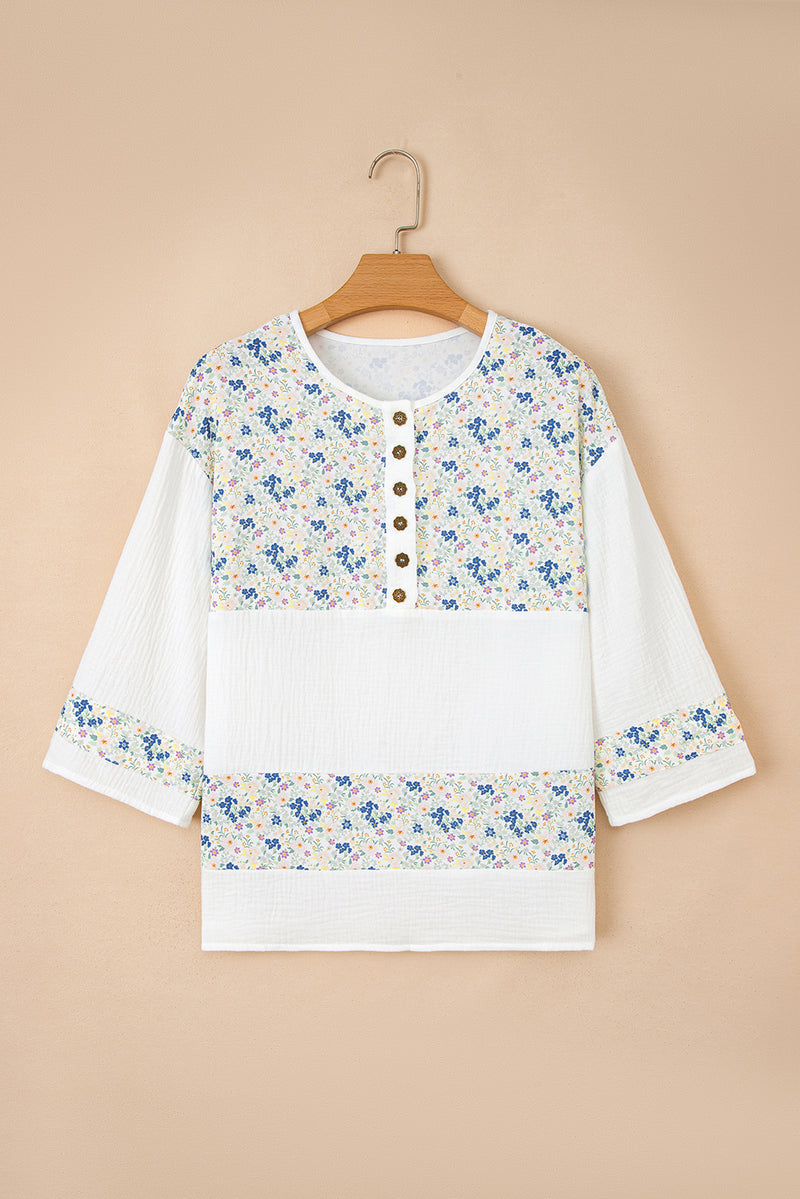 Floral Print Gauze Patchwork Henley Button 3/4 Sleeve Blouse