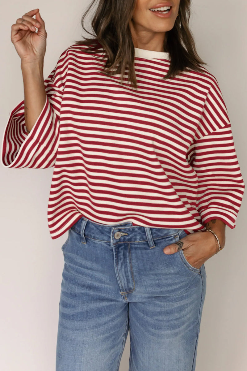 Stripe Bowknot Cutout Back Drop Shoulder Wide Bracelet Sleeve Loose Tee