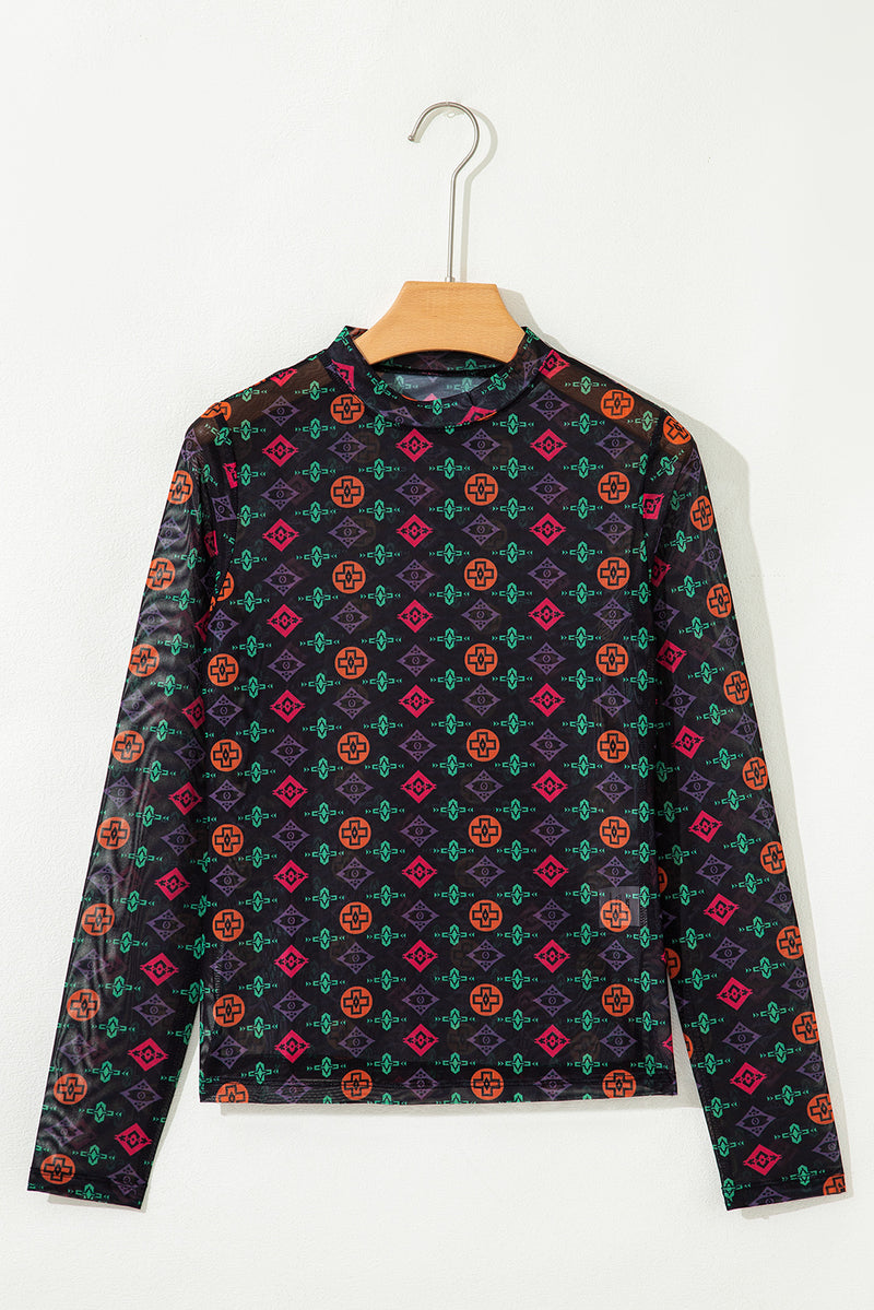 Western Aztec Printed Long Sleeve Mesh Top