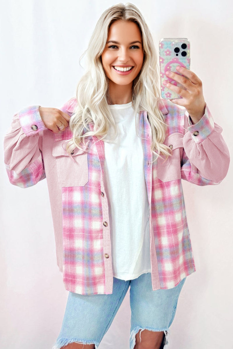 Brushed Plaid Corduroy Flap Pockets Patchwork Shacket