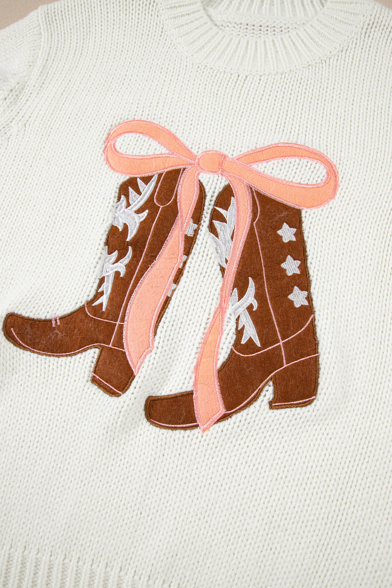 Embroidered Bow Boots Graphic Drop Shoulder Sweater
