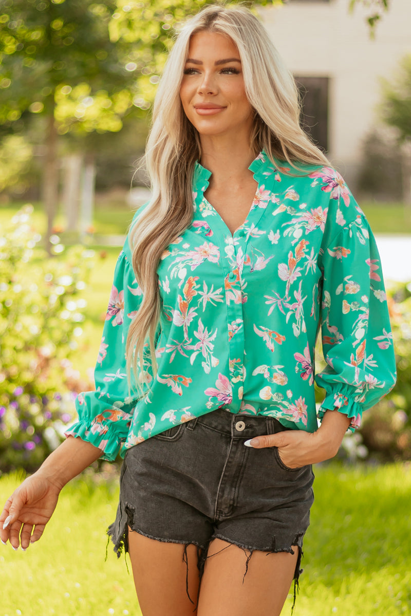 Floral Lantern Sleeve Button Front Shirt