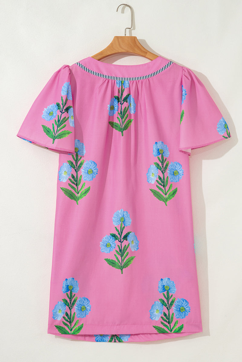 Floral Short Sleeve Split Neck Loose Mini Dress