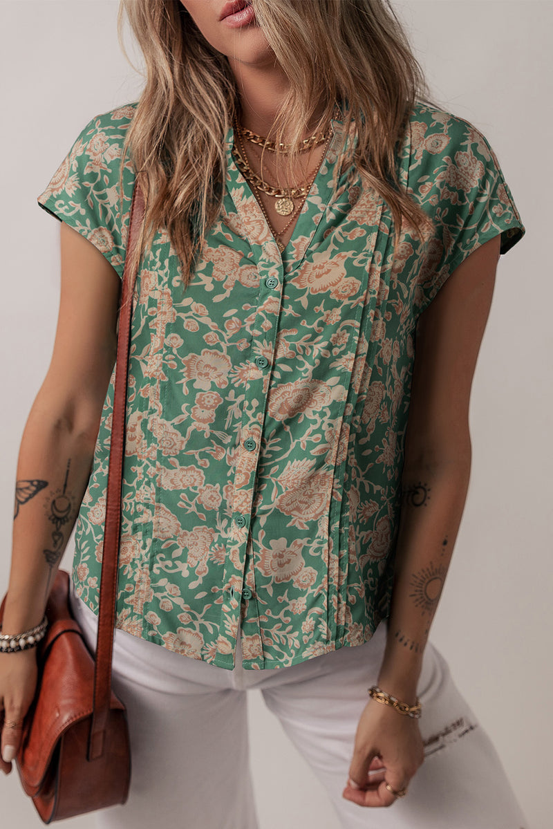 Floral Print Pleated Buttoned V Neck Short Sleeve Blouse