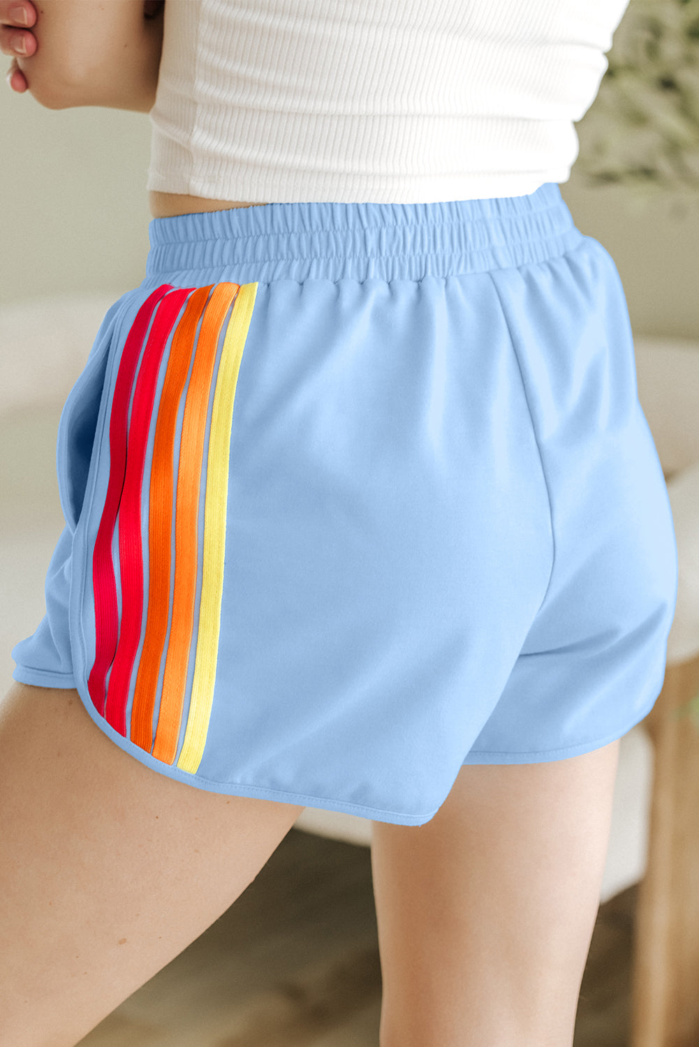 Color Block Stripes Elastic High Waist Active Shorts